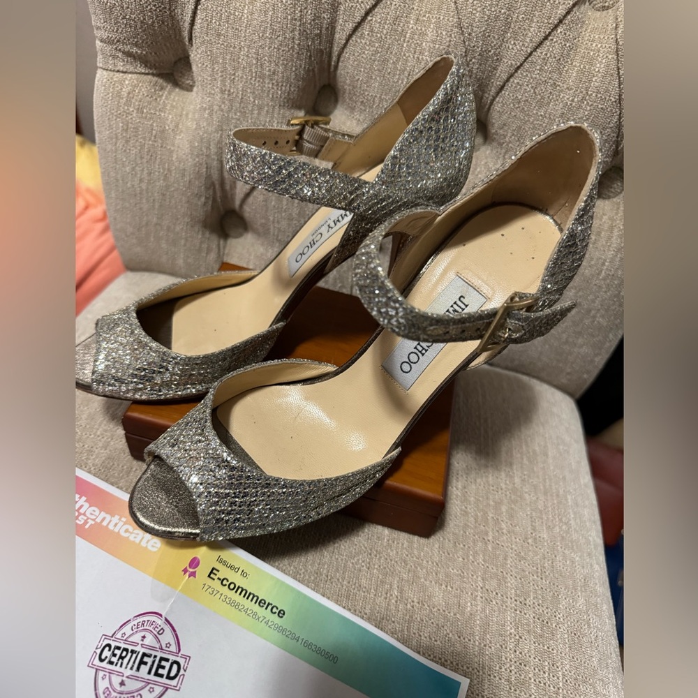 Jimmy Choo London Silver Ankle Strap Heels 37.5/Italy COA like new 4” Heels - Picture 6 of 11